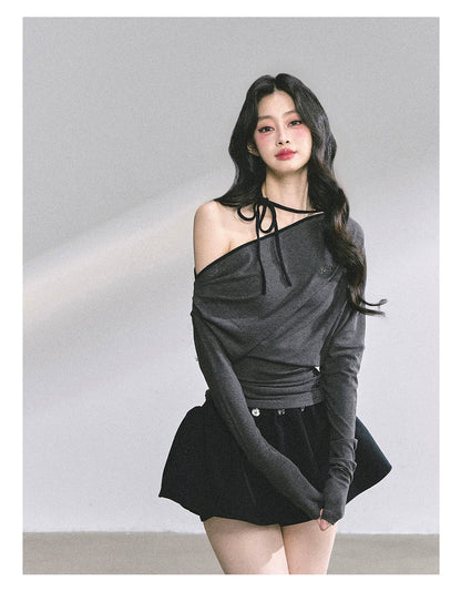 Off-Shoulder Halter Long-Sleeve T-Shirt