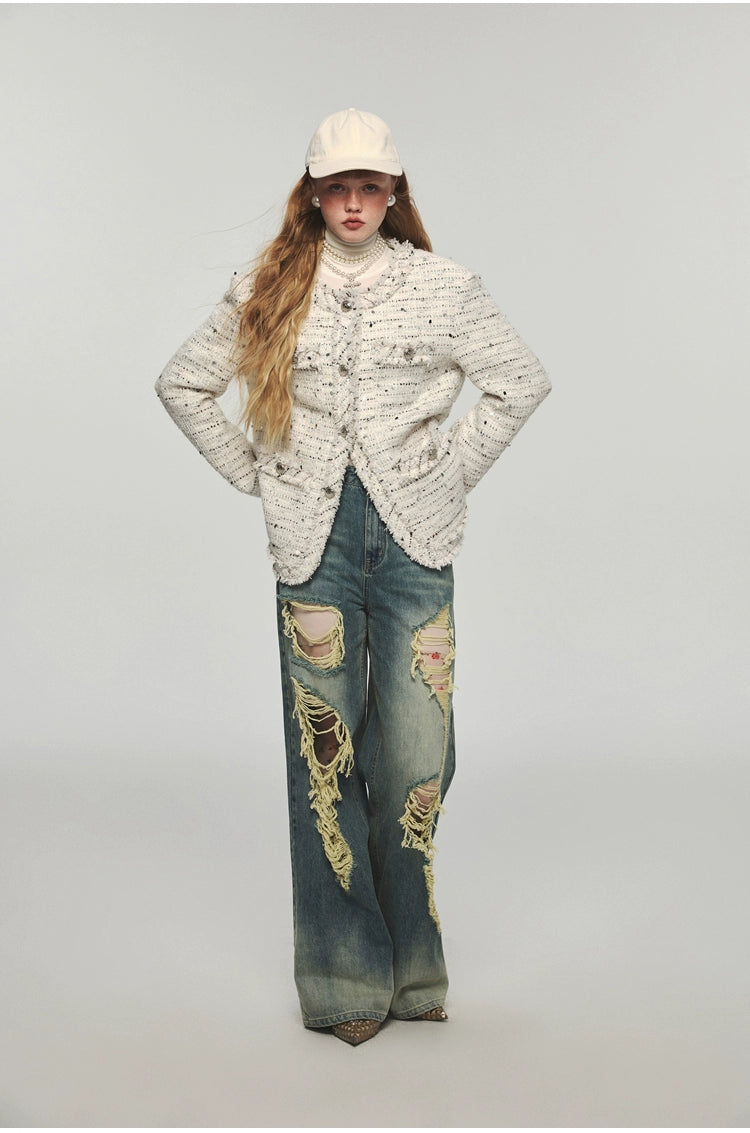 Denim Distressed Wide-Leg Pants - CHINASQUAD