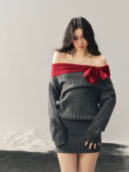 Off-Shoulder American-Style Knit Mini Dress