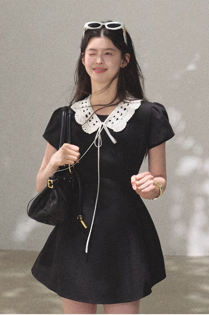 Detachable Crocheted Peter Pan Collar Cinched-Waist Mini Dress