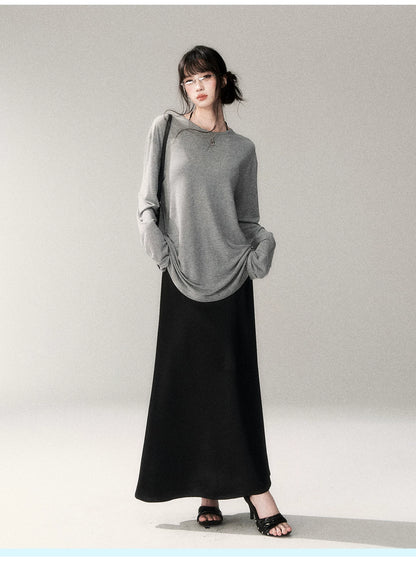 French Satin Acetate A-Line Midi Skirt