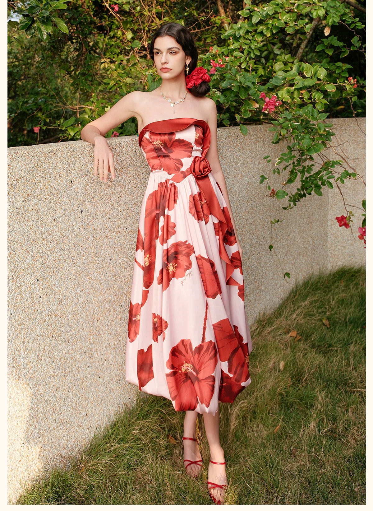 Satin Floral Bubble Hem Strapless Dress