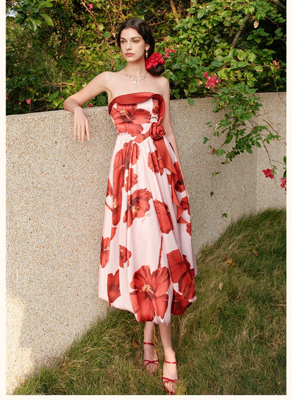 Satin Floral Bubble Hem Strapless Dress
