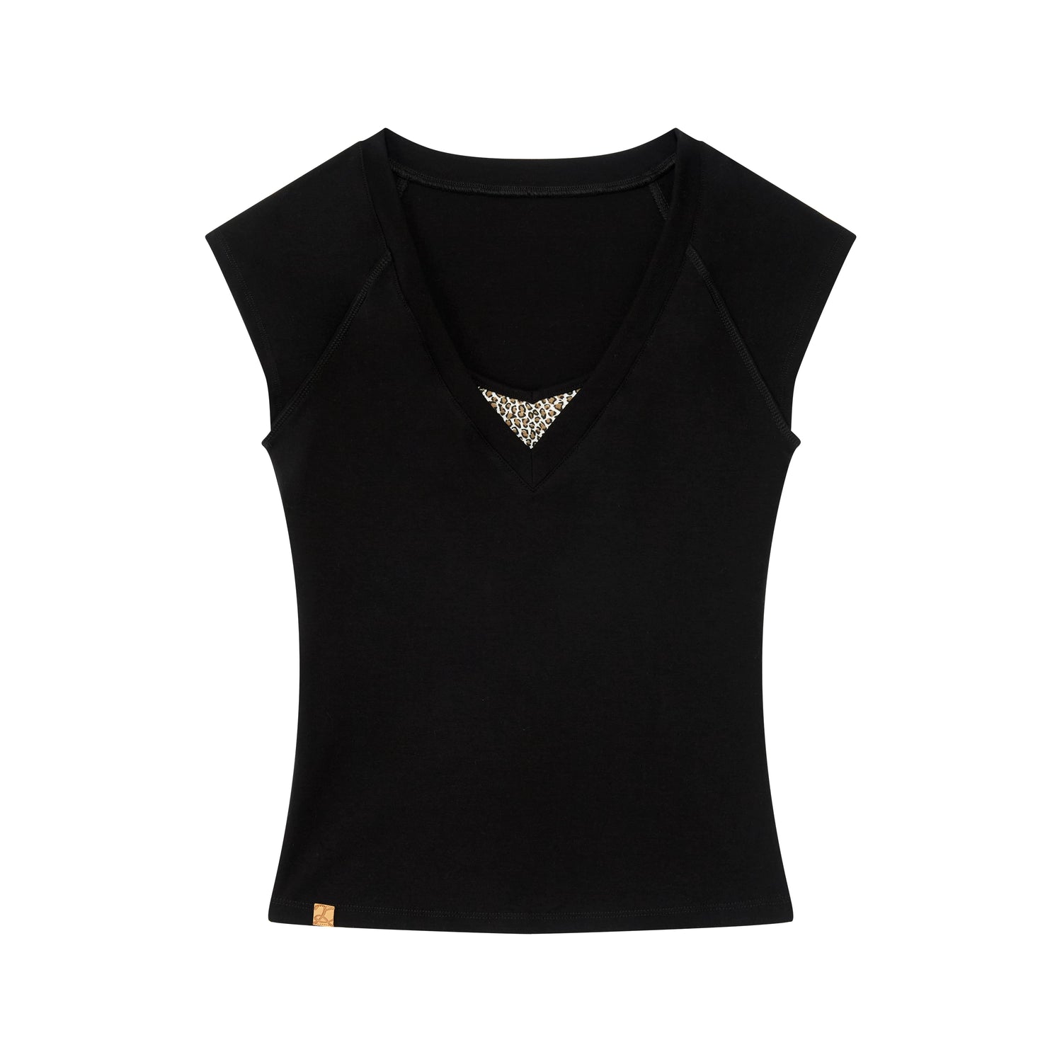 Contrast Leopard Insert V-Neck Cap Sleeve T-Shirt