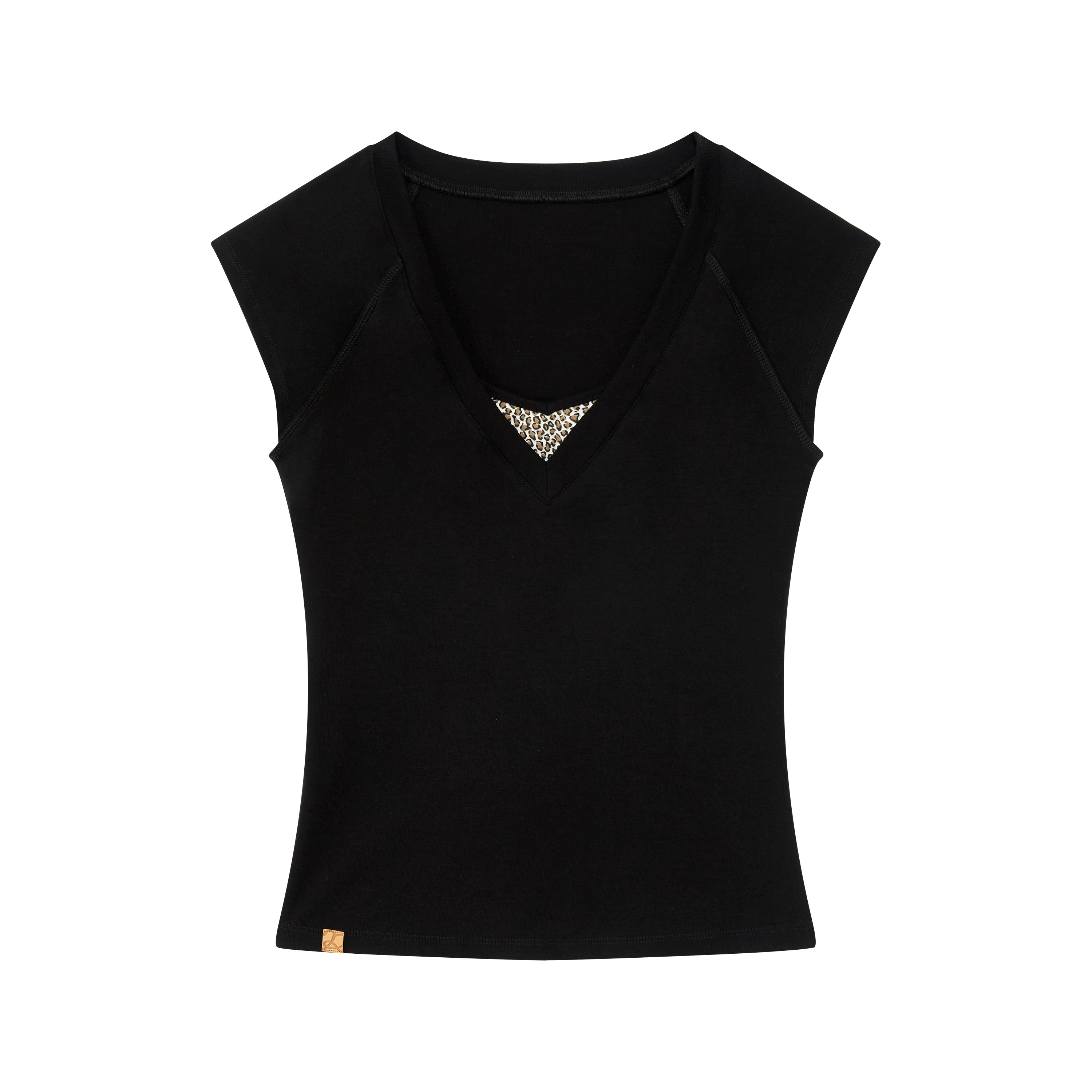 Contrast Leopard Insert V-Neck Cap Sleeve T-Shirt