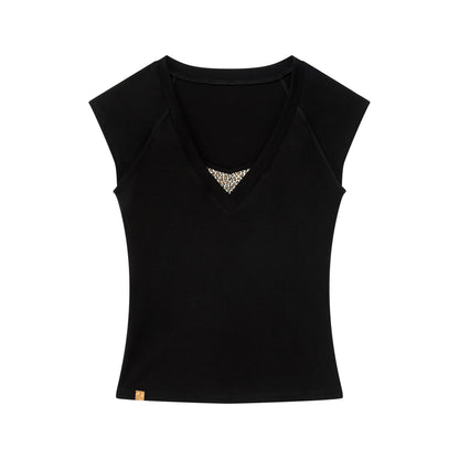 Contrast Leopard Insert V-Neck Cap Sleeve T-Shirt