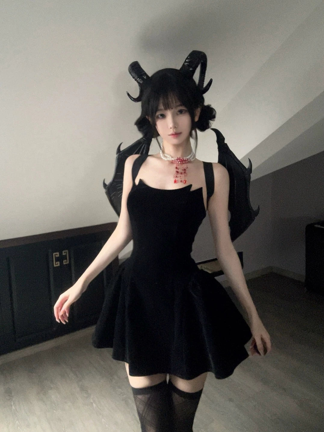 Devil’s Kiss Strapless Velvet Puff Dress