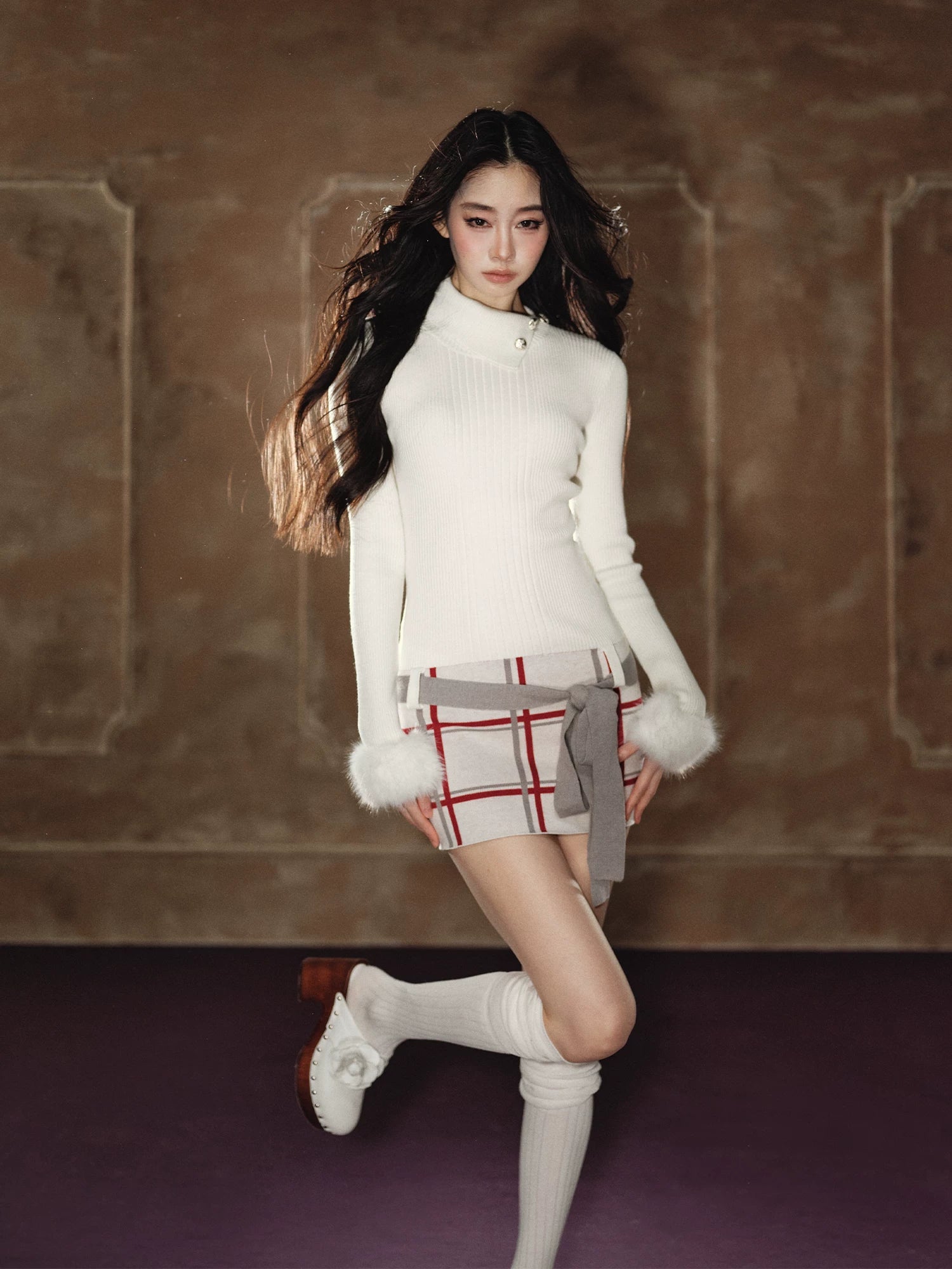 Faux-Fur Turtleneck Belted Slim-Fit Dress