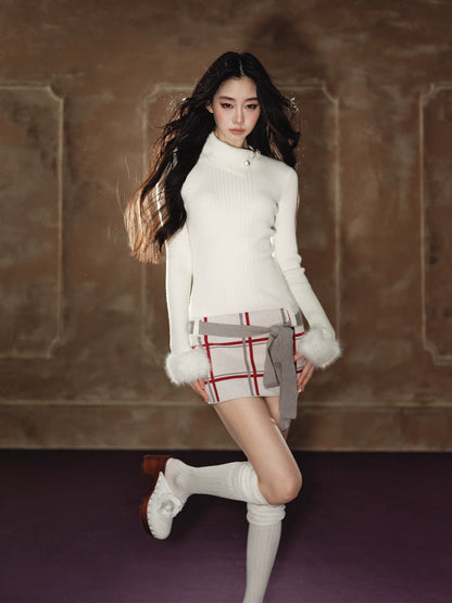 Faux-Fur Turtleneck Belted Slim-Fit Dress