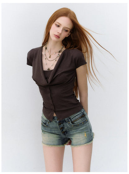 Layered Deconstructed Two-in-One Buttoned T-shirt
