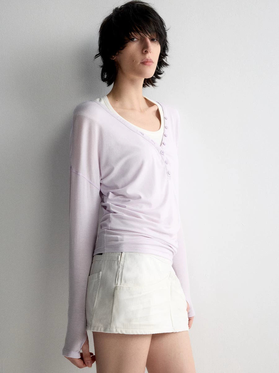 Tencel Linen V-neck Long Sleeve T-shirt