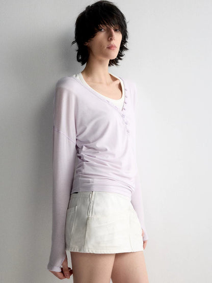 Tencel Linen V-neck Long Sleeve T-shirt