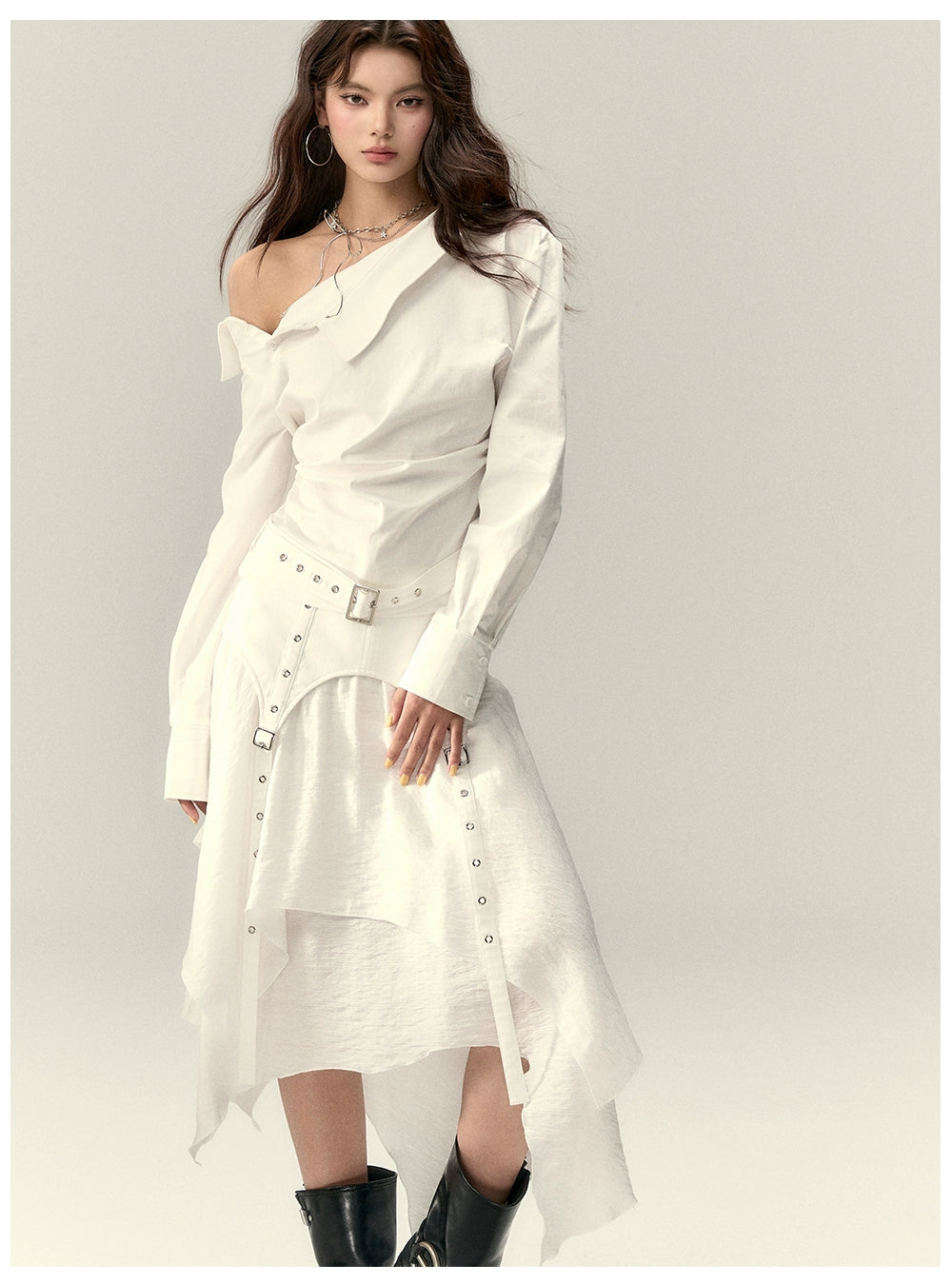 Off-Shoulder Pleated Waist Belt Short Shirt - CHINASQUAD
