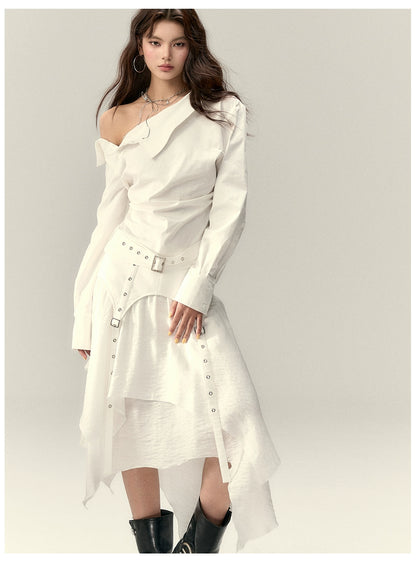 Off-Shoulder Pleated Waist Belt Short Shirt - CHINASQUAD