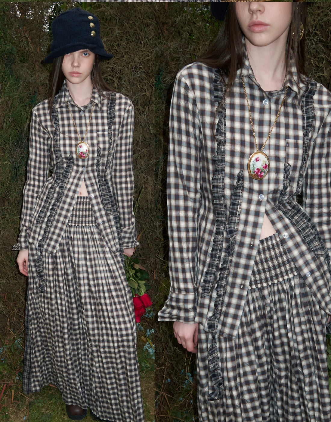 Contrast Plaid Ruffle Shirt &amp; Long Skirt Set