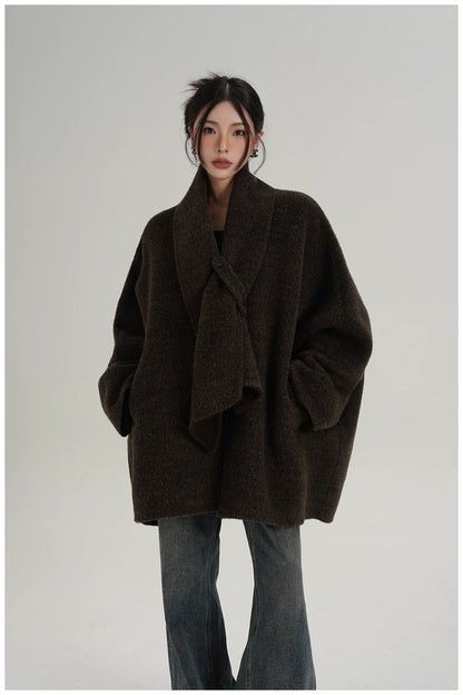 Scarf-Detail Mid-Length Wool Jacket