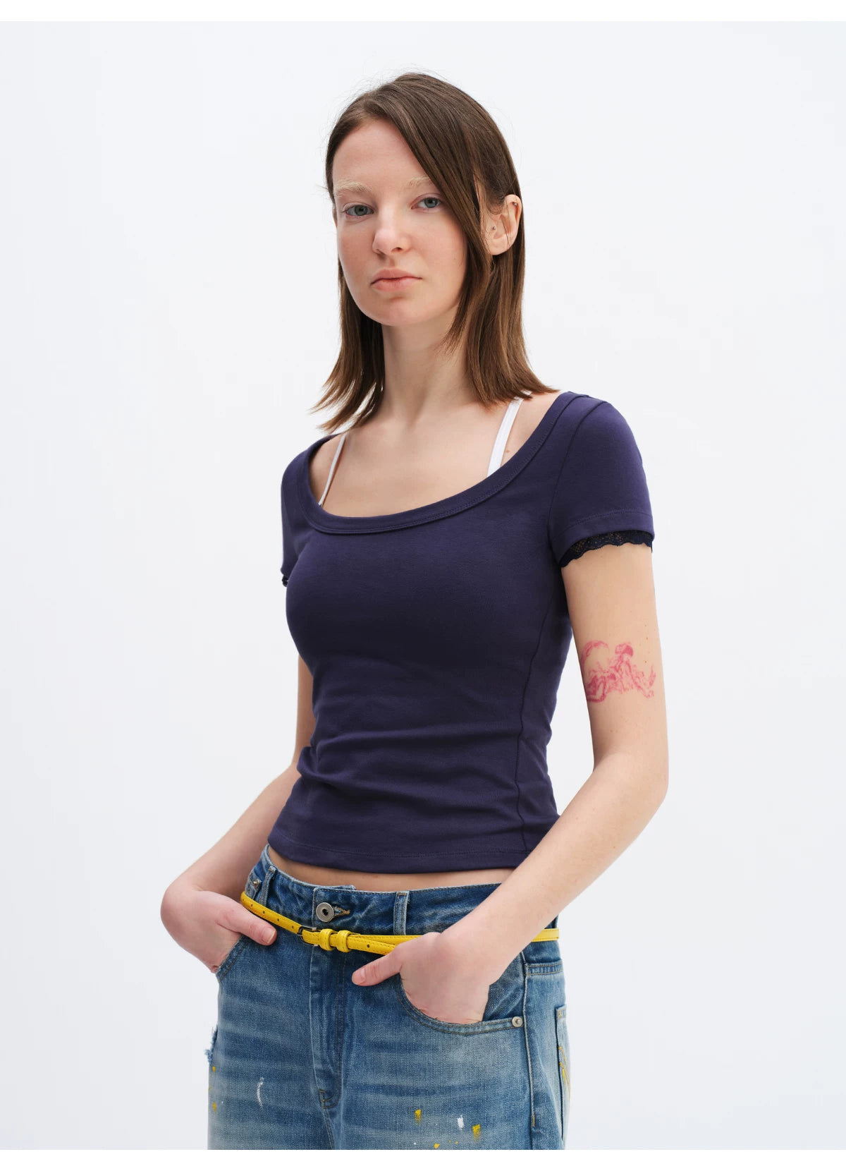 Lace Trim Scoop Neck Fitted Cotton T-Shirt