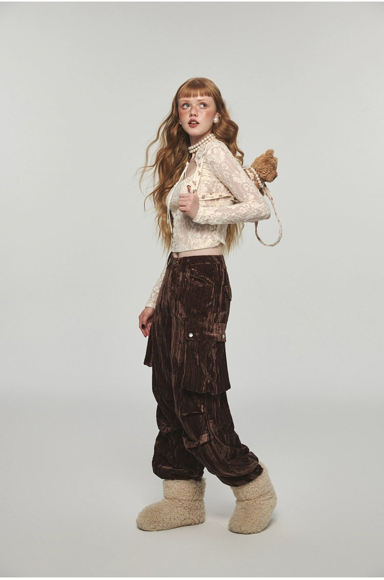 Vintage Velvet Wide Leg Cargo Pants - CHINASQUAD