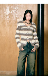 Purple & Khaki Striped Fuzzy Cardigan - CHINASQUAD