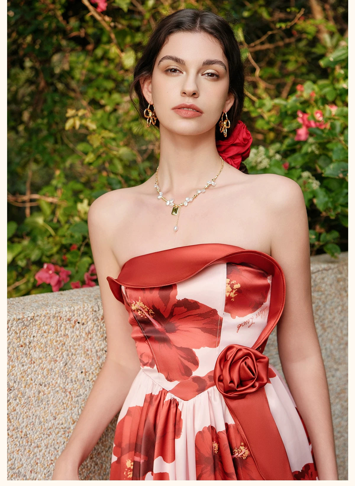 Satin Floral Bubble Hem Strapless Dress