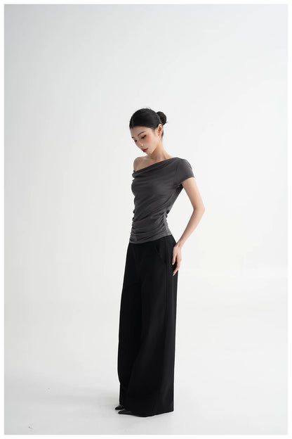 Draped Off-Shoulder Fitted Short Sleeve T-Shirt