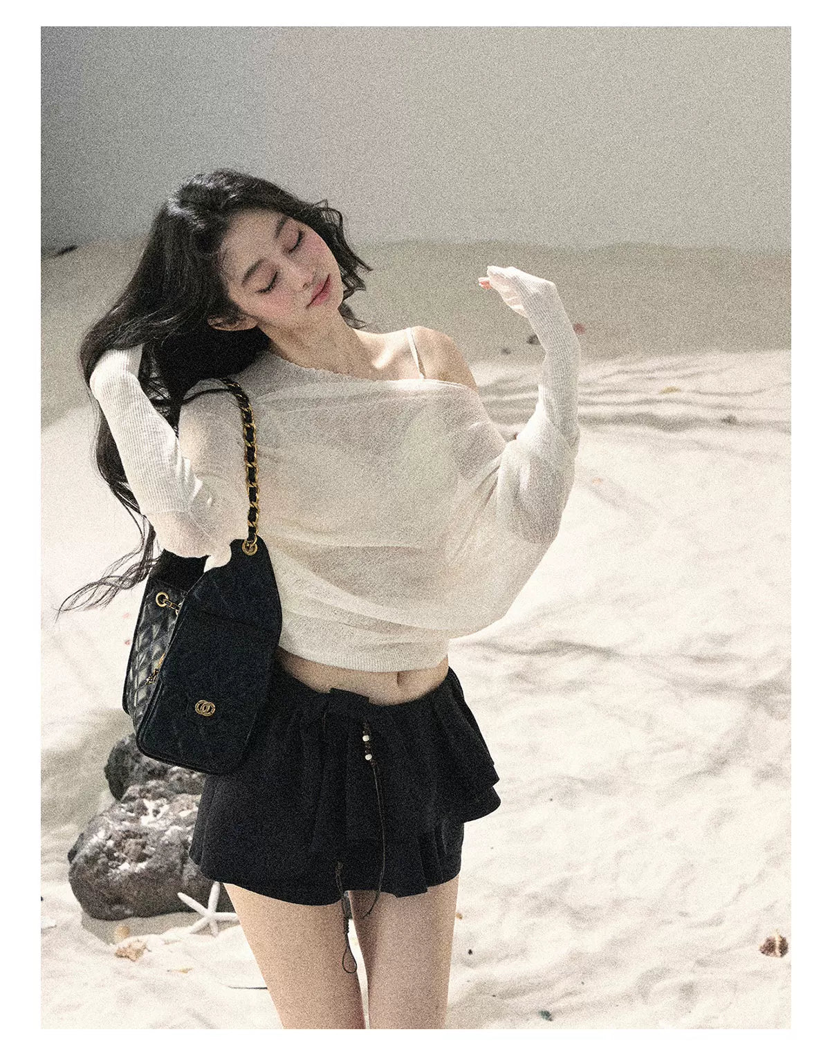 Sheer Off-Shoulder Sun Protection Knit Top Set