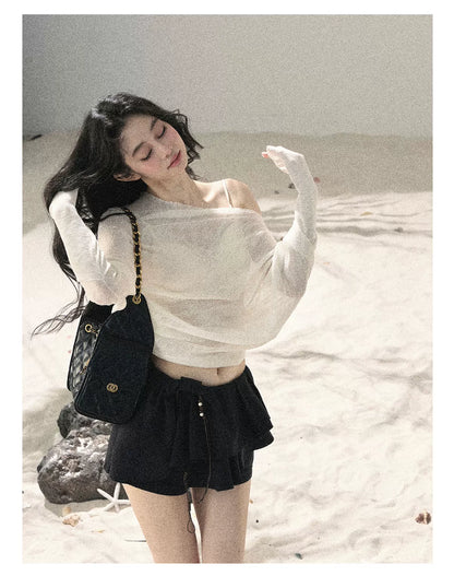 Sheer Off-Shoulder Sun Protection Knit Top Set