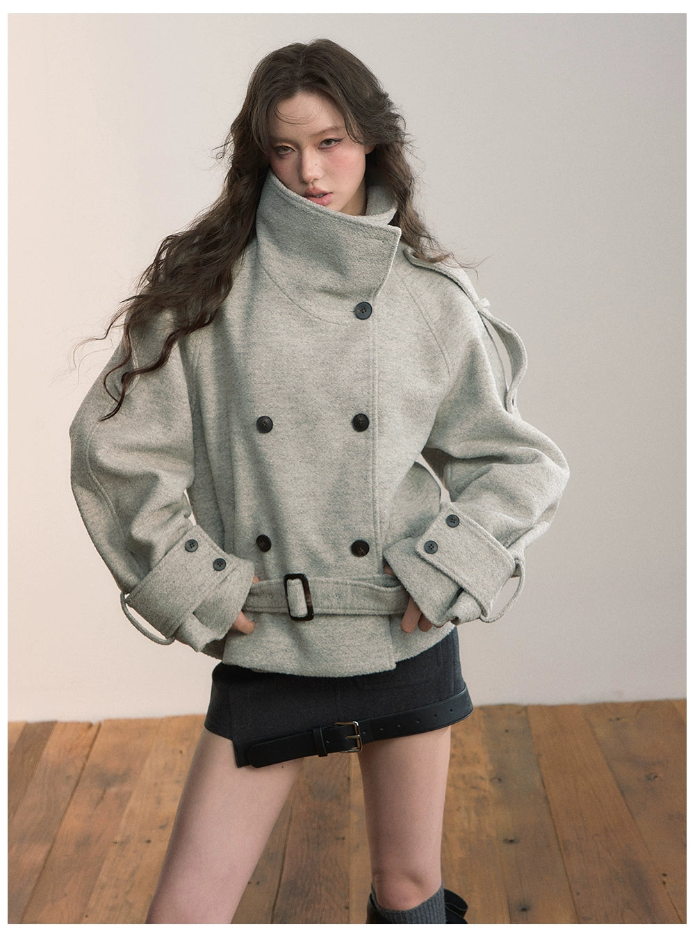 Contrast Double-Breasted Wool-Blend Belted Jacket