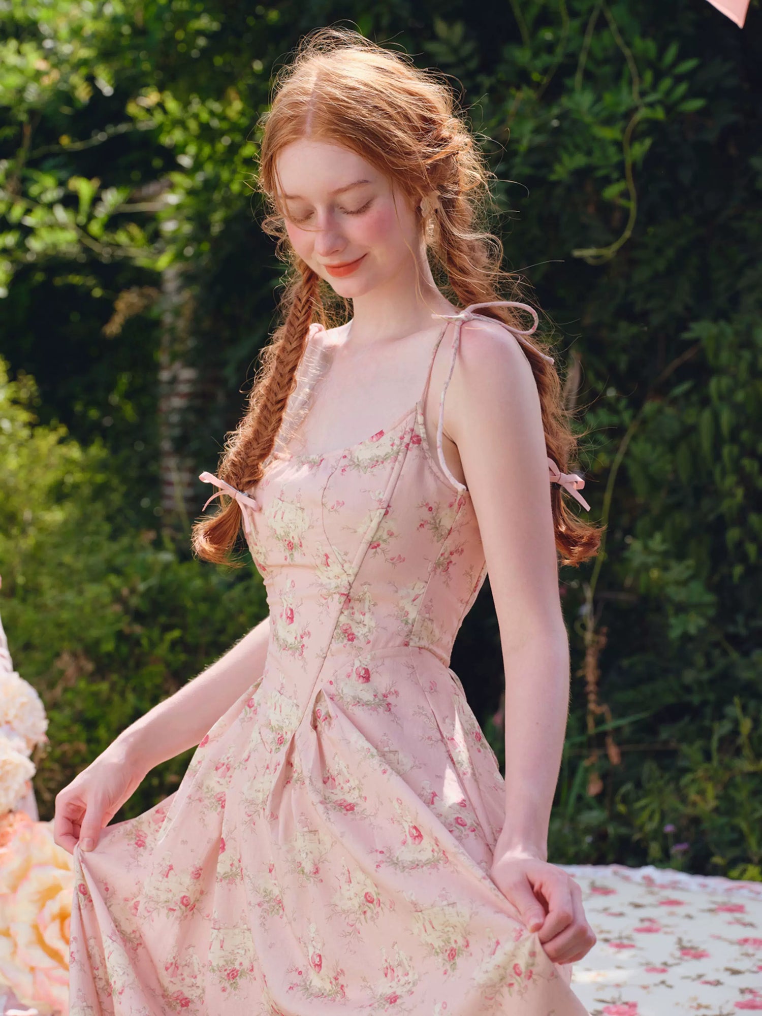 French Sweet Floral Corset Slip Pink Dress