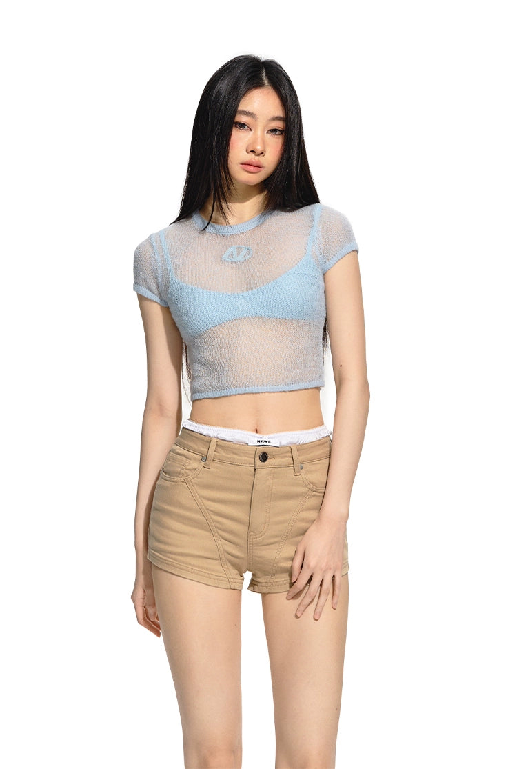 Blue Sheer Knitted Short Sleeve Top - CHINASQUAD