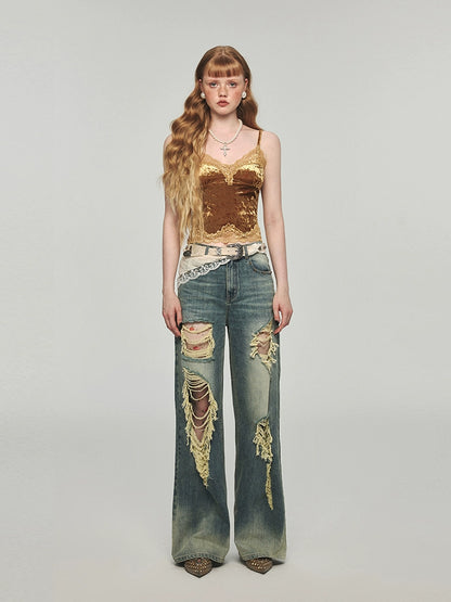 Denim Distressed Wide-Leg Pants - CHINASQUAD