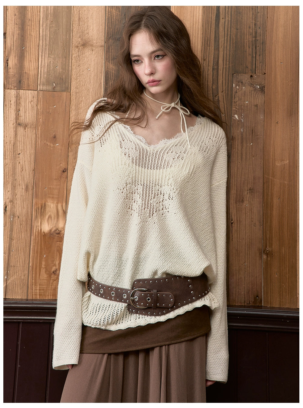 Lace Trim V-Neck Wool Blend Knit Sweater