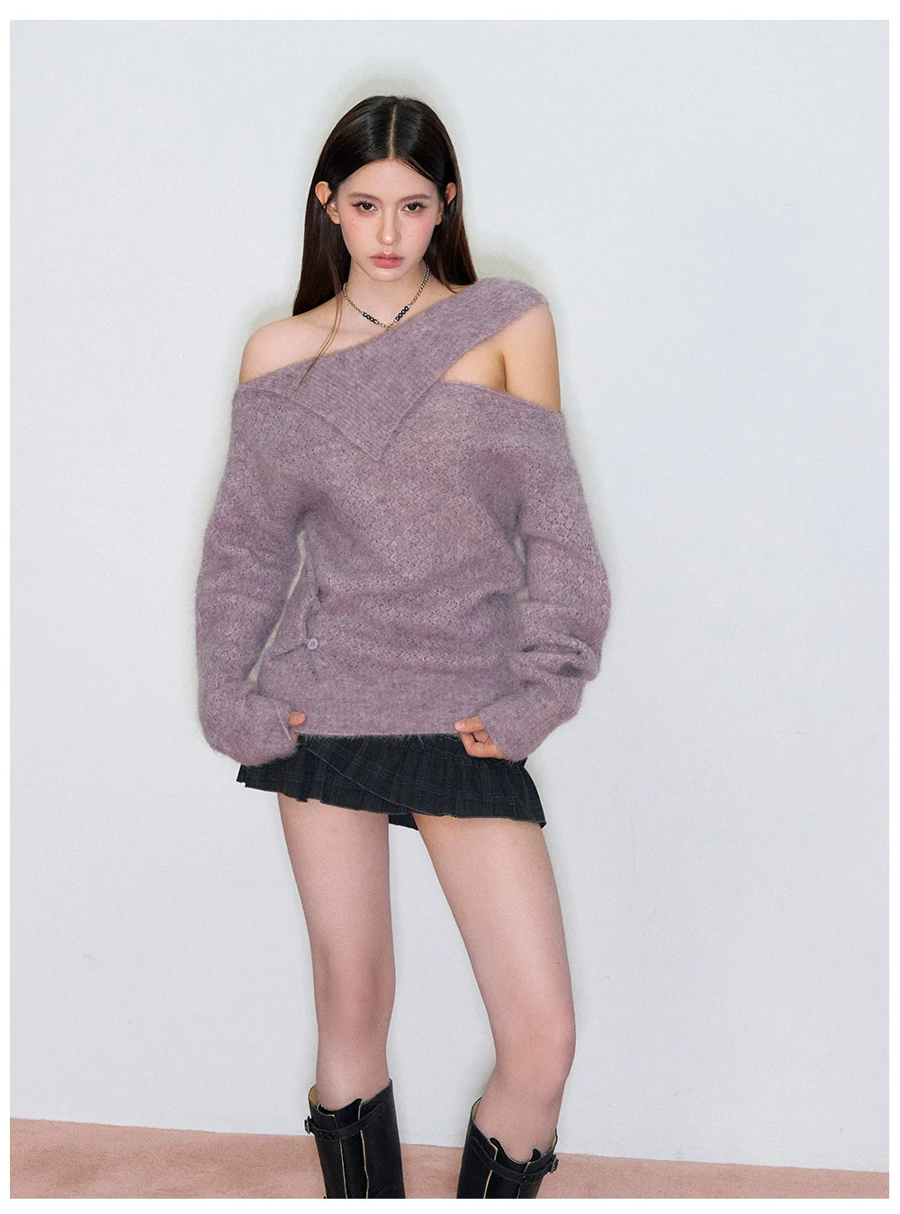 Off-Shoulder Relaxed Alpaca Knit Sweater