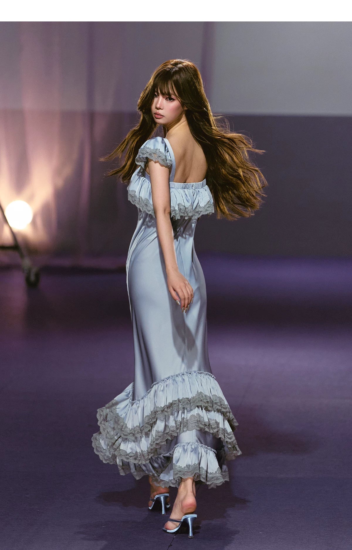 French Lace-Spliced Satin A-Line Maxi Dress Blue / S