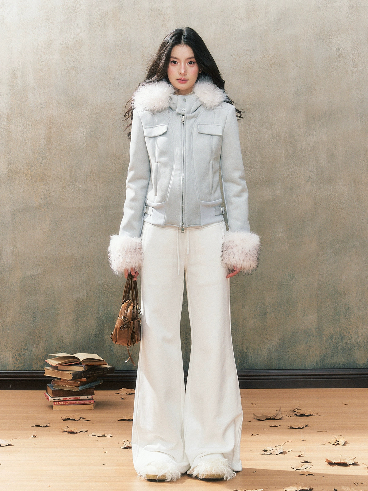 Two-Tone Hooded Fur Collar Shearling Coat