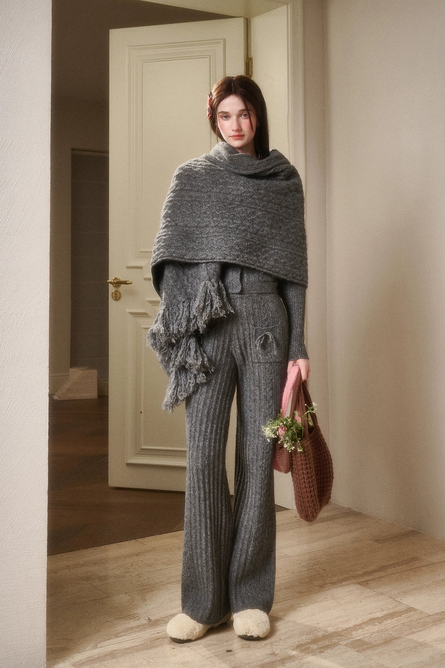 Velvet Bunny Wool Cloud Off-Shoulder Knit Cardigan &amp; Wide-Leg Pants Set