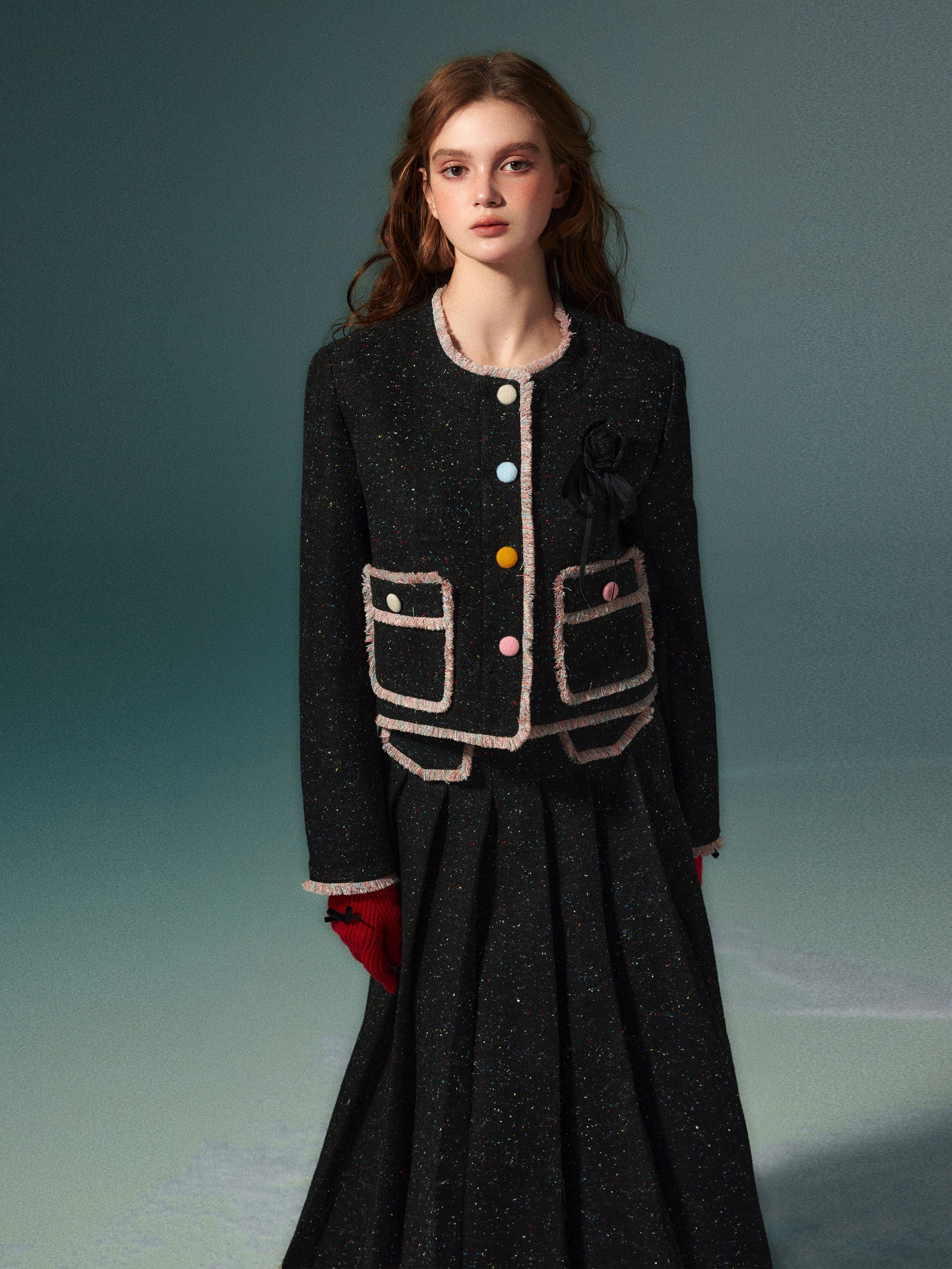 Black Fringed Woolen Jacket &amp; Pleated Skirt Set - CHINASQUAD