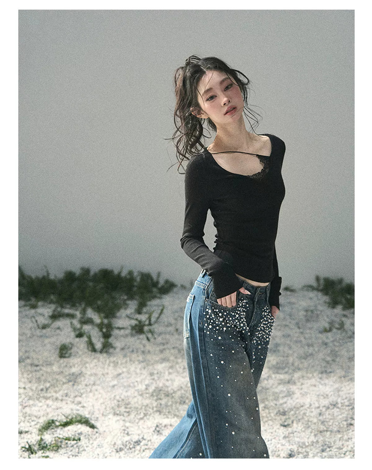 Pearl Studded Straight Leg Jeans