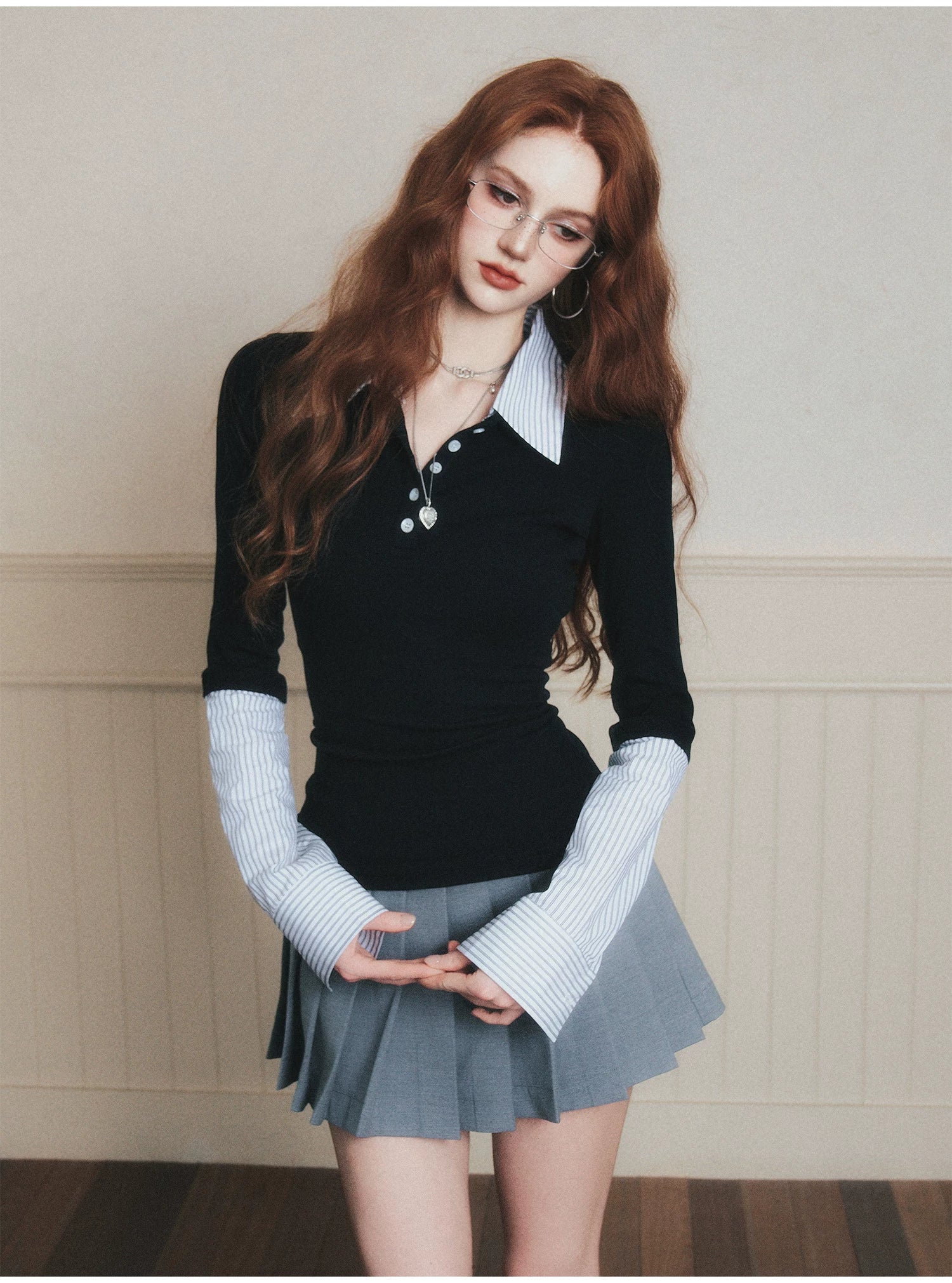 Layered-Style Collar Knit Polo