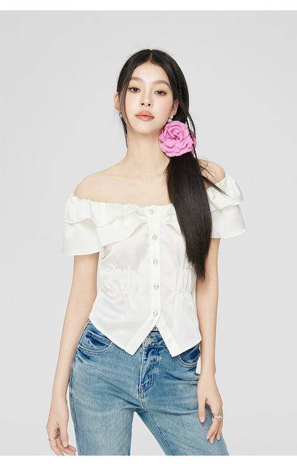 White Ruffled Square Shoulder Shirt - CHINASQUAD