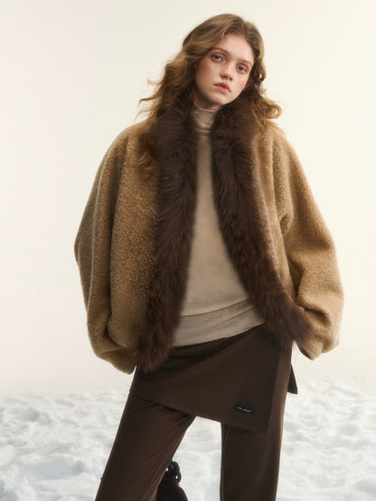 Wool-Blend Fur-Trim Cape Jacket