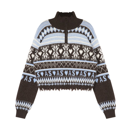 Vintage Fair Isle Half-Zip Fringe Hem Sweater