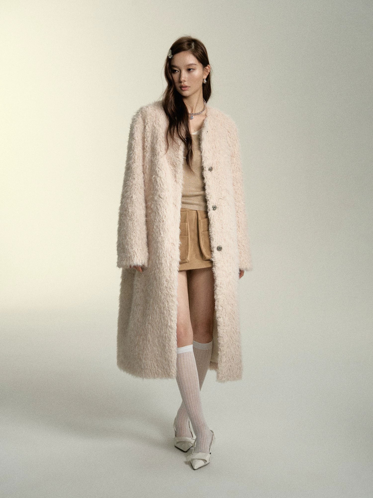 Khaki &amp; Milk White Long Suede Fur Coat - CHINASQUAD