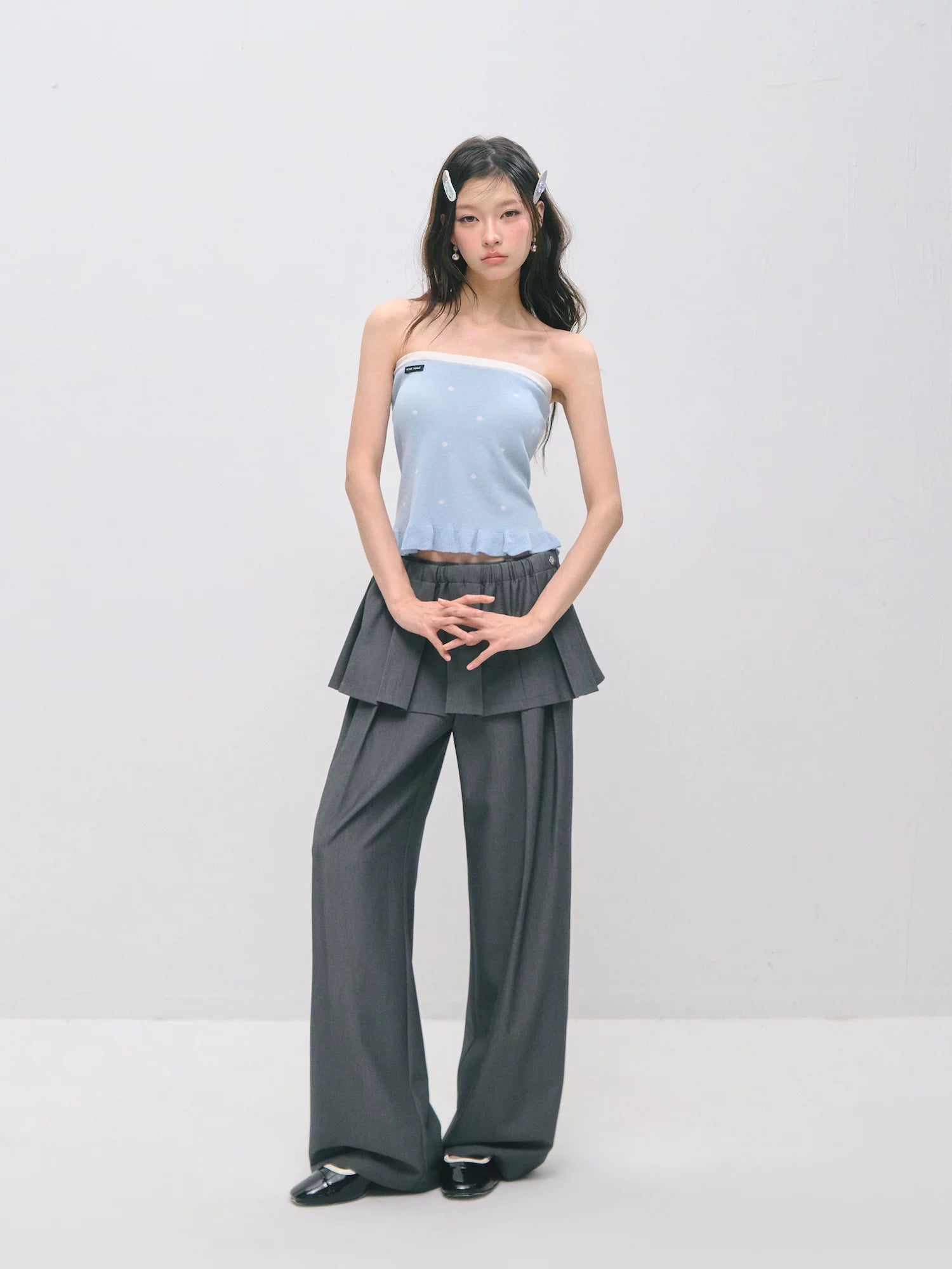 Detachable Pleated Overlay Tailored Wide-Leg Trousers