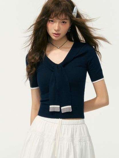 Preppy Style Collared Tie Knit Top