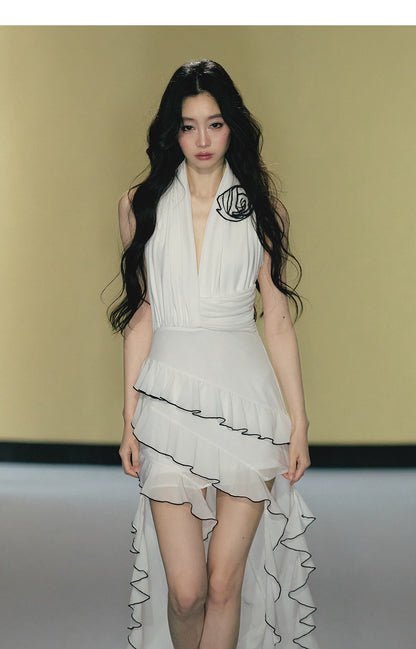 Rose Appliqué Asymmetrical Halterneck Dress