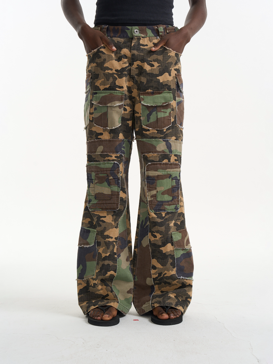 Washed Raw-Edge Patchwork Camouflage Flared Cargo Pants