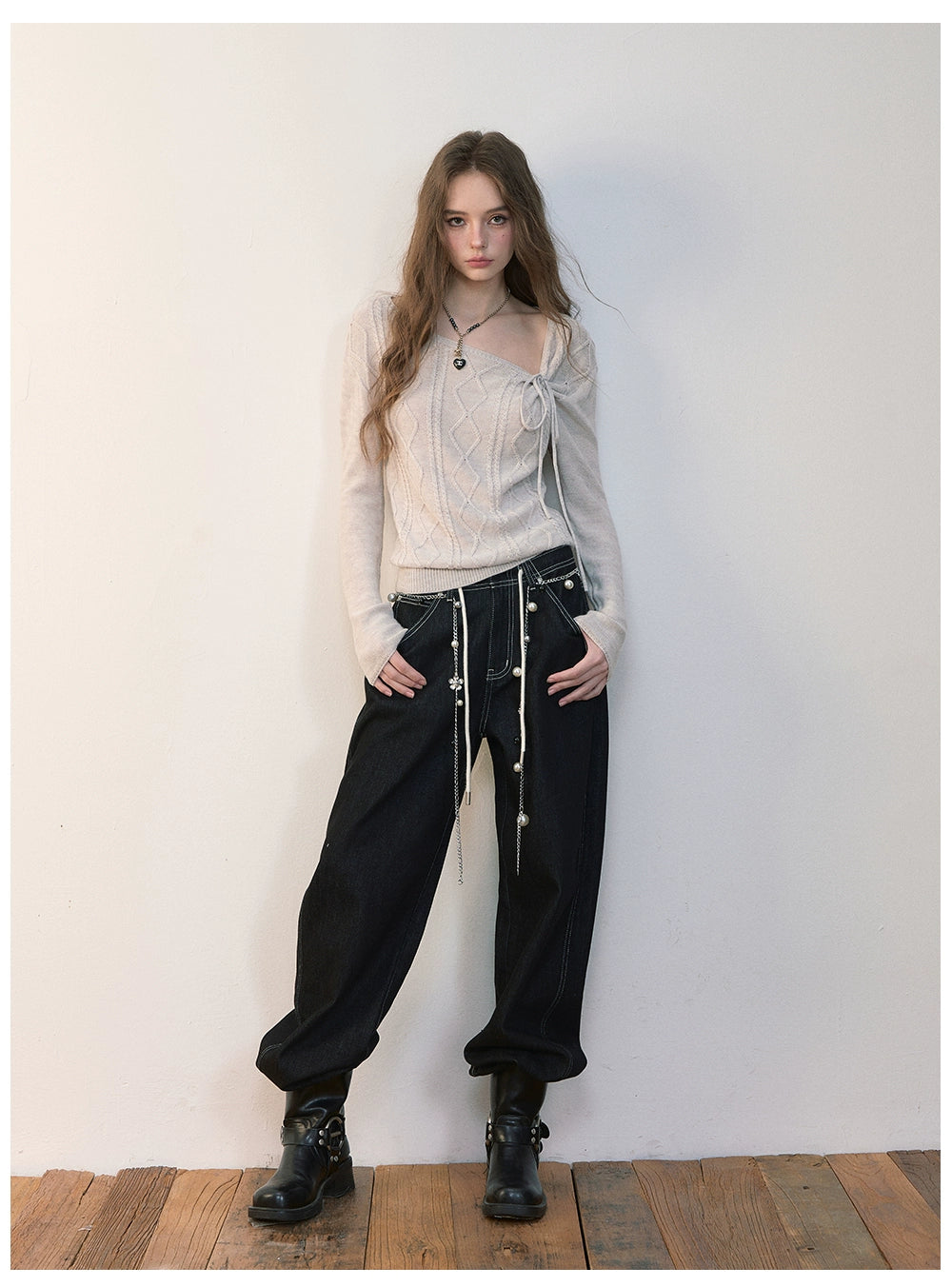 Asymmetrical Tie-Neck Cable Knit Sweater