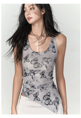 Purple & Grey Butterfly Print Irregular Strappy Vest - CHINASQUAD