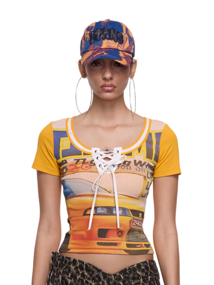 24ANS Retro Racing Print Layered-Look Patchwork T-Shirt – T-Shirts &amp; Polos